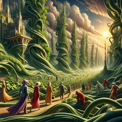 The primary subject of the image is a group of people walking down a path in a forest. The setting is a lush, green forest with trees and plants surrounding the path. The visual style is a digital art or illustration, creating a vibrant and detailed scene. The colors and mood are predominantly green, with a sense of tranquility and natural beauty.
